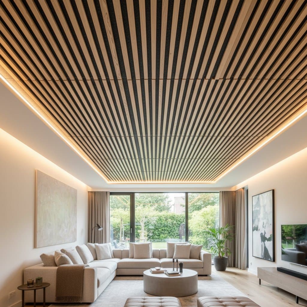 Featured image for DIY Slat Ceiling Cuts Echo Without Lowering Height