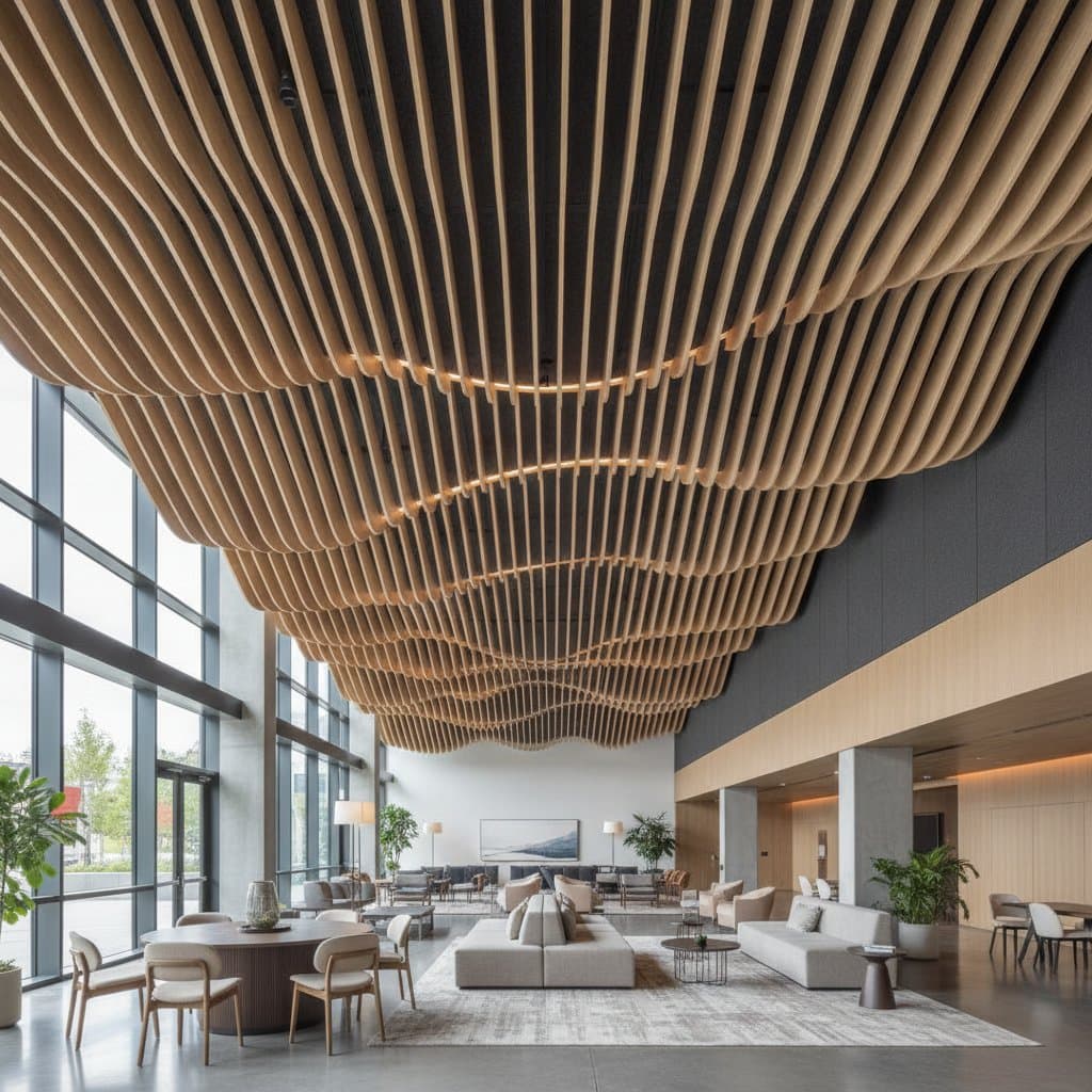 Featured image for Wood Slats Turn Loud Lobbies Into Quiet Spaces