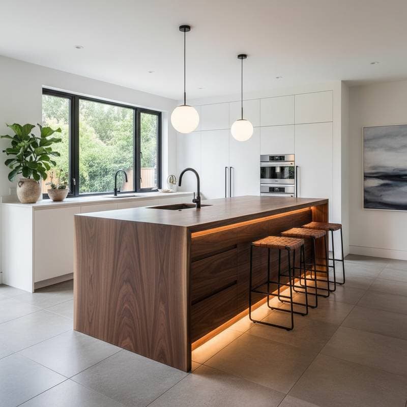Featured image for Walnut Waterfall Islands Anchor Modern Kitchens